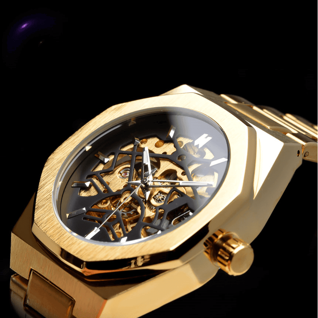 Vista lateral do Relógio Vartelli Skeleton VA001 dourado